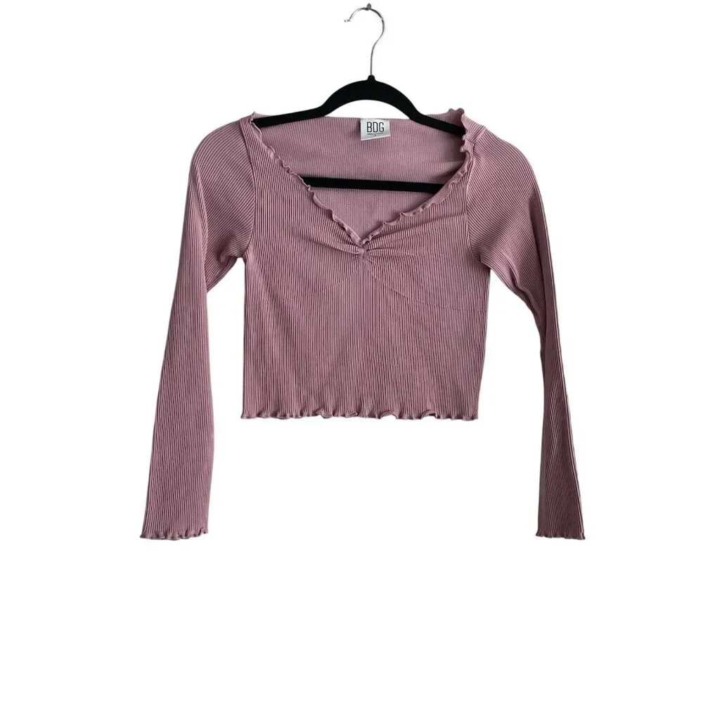 BDG Urban Outfitters Women L Pink Ribbed Y2K Seamless Elise Long Sleeve Crop Top